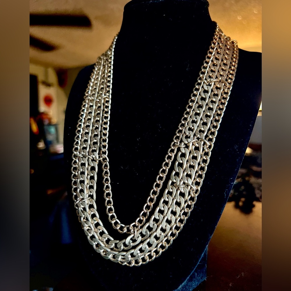 Gold Chain Stack Necklace with Aqua and Rhinestone Detailing
